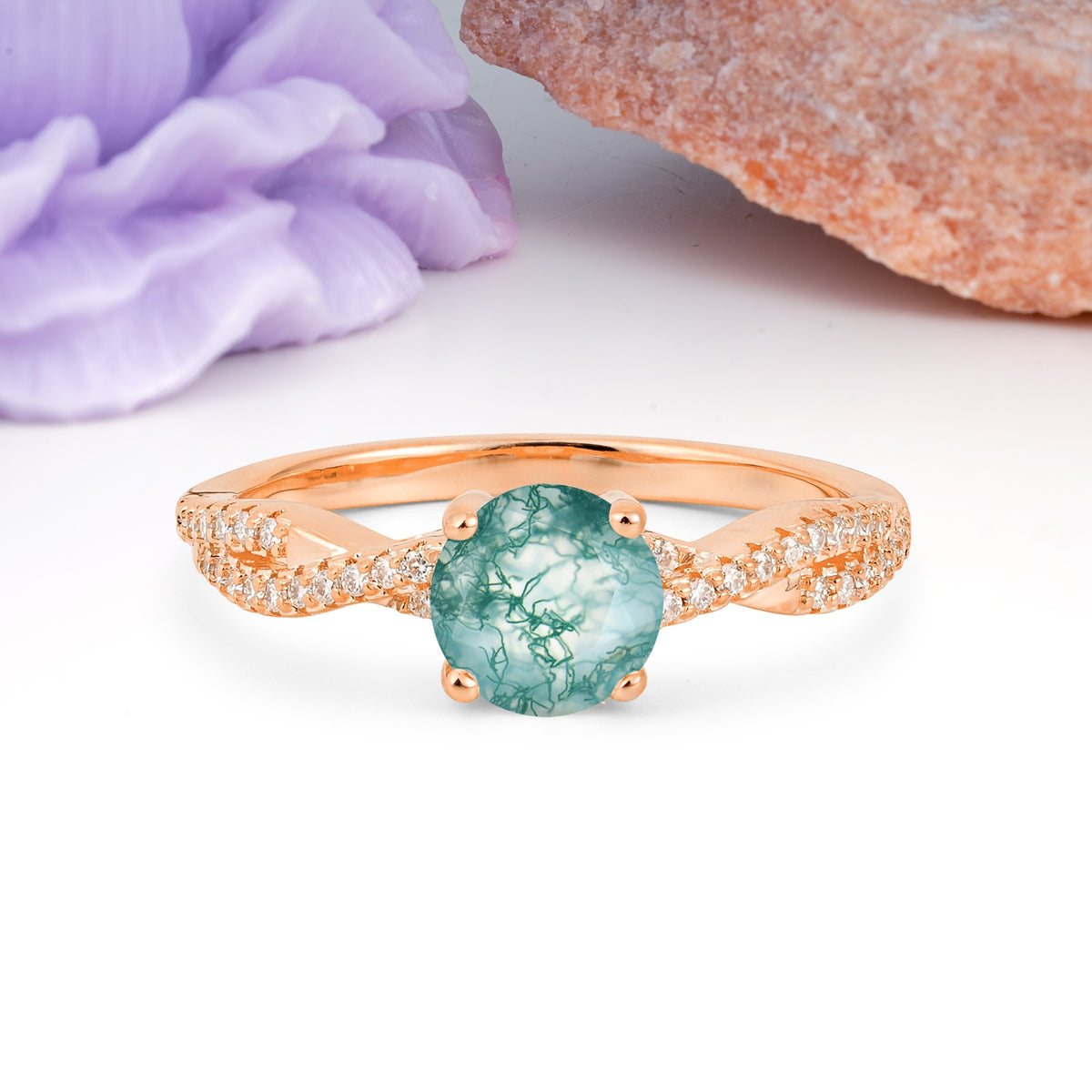 Luxurious Twisted Pavé Setting, 4-Prong Round Cut Moss Agate Engagement Ring - Additional view