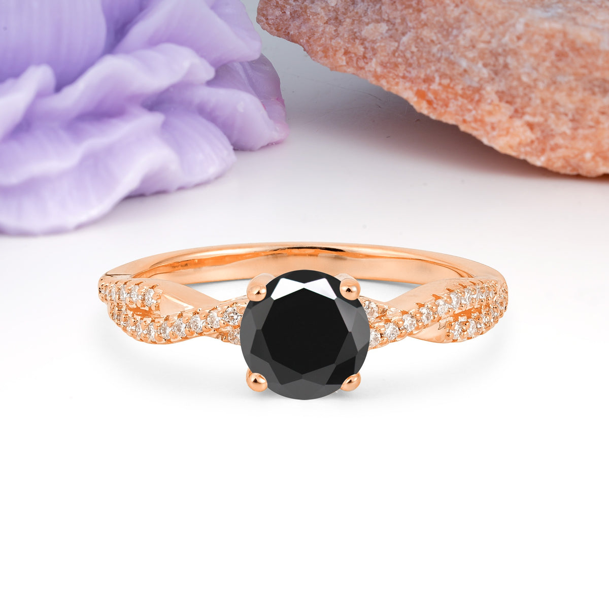 Luxurious Twisted Pavé Setting, 4-Prong Round Cut Black Onyx Engagement Ring - Additional view