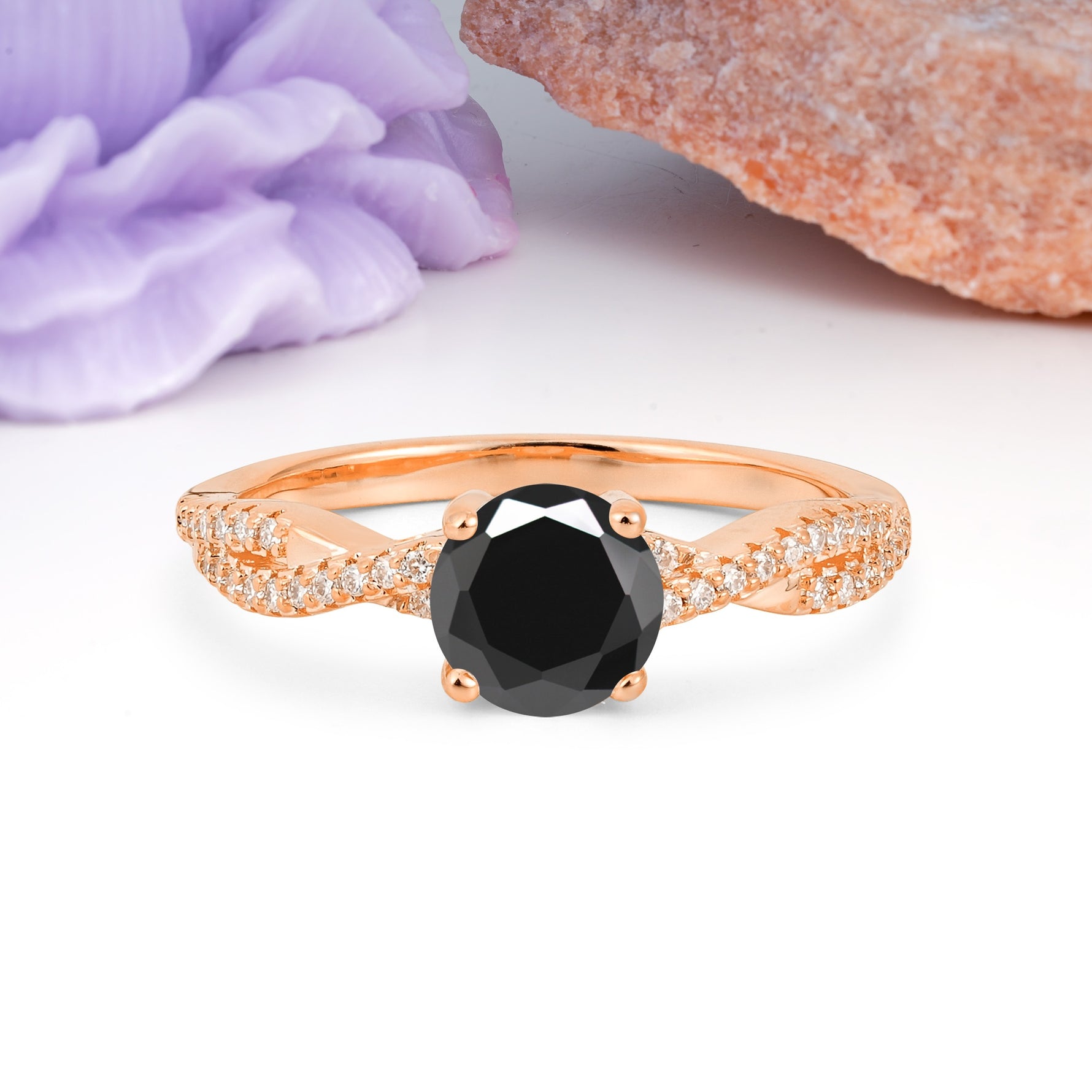 Luxurious Twisted Pavé Setting, 4-Prong Round Cut Black Onyx Engagement Ring - Additional view