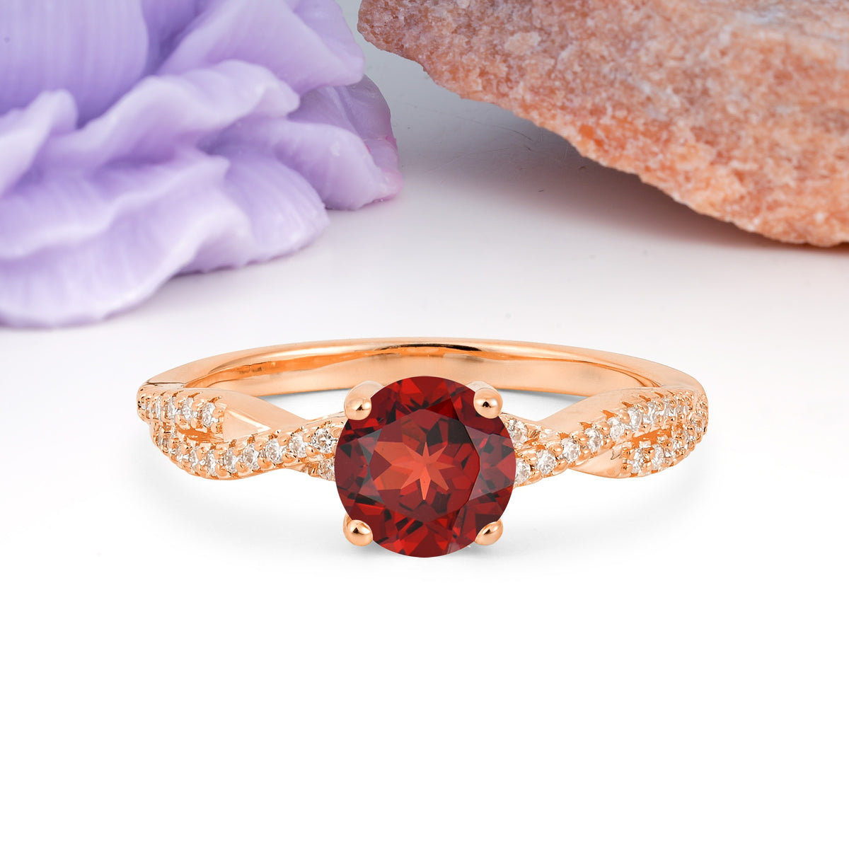 Luxurious Twisted Pavé Setting, 4-Prong Round Cut Garnet Engagement Ring - Additional view