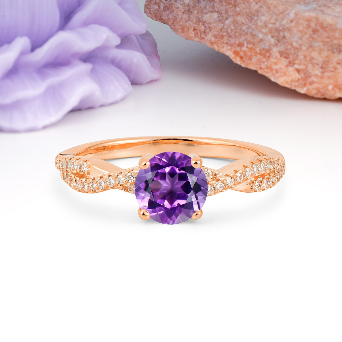 Luxurious Twisted Pavé Setting, 4-Prong Round Cut Amethyst Engagement Ring - Additional view