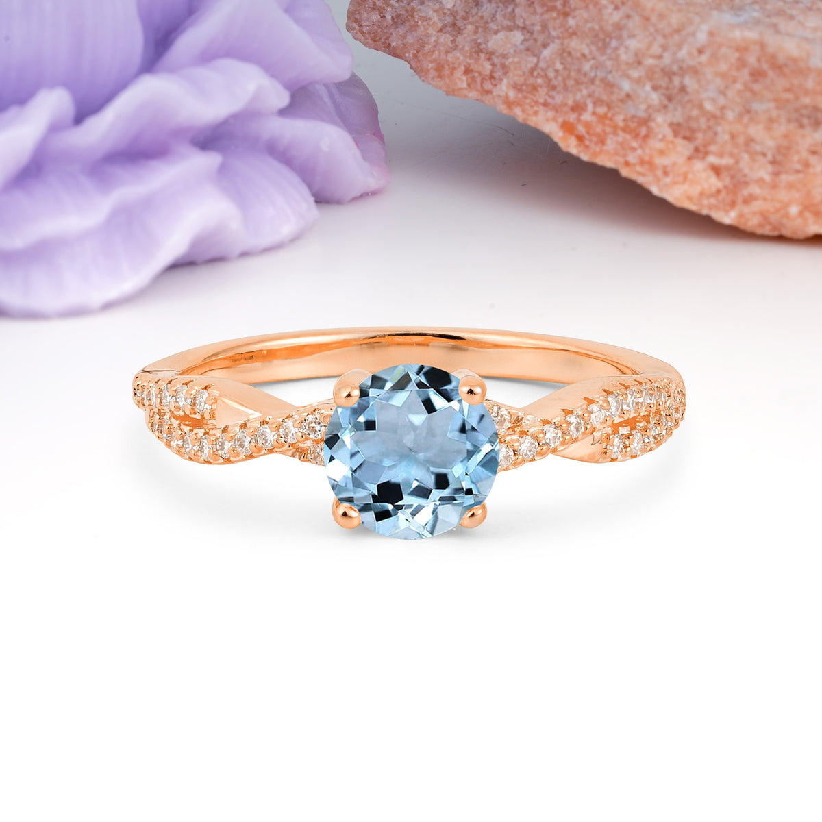 Luxurious Twisted Pavé Setting, 4-Prong Round Cut Aquamarine Engagement Ring - Additional view