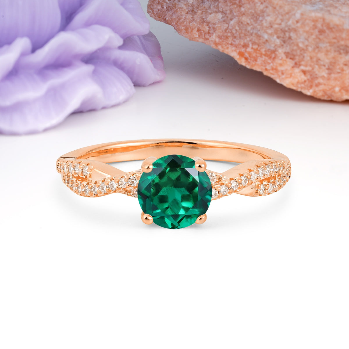 Luxurious Twisted Pavé Setting, 4-Prong Round Cut Emerald Engagement Ring - Additional view