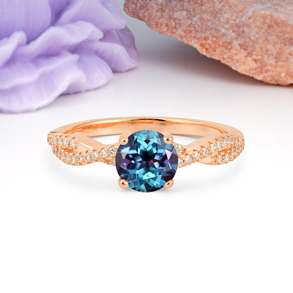 Luxurious Twisted Pavé Setting, 4-Prong Round Cut Alexandrite Engagement Ring - Additional view