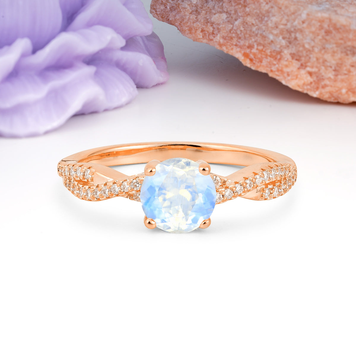 Luxurious Twisted Pavé Setting, 4-Prong Round Cut Moonstone Engagement Ring - Additional view