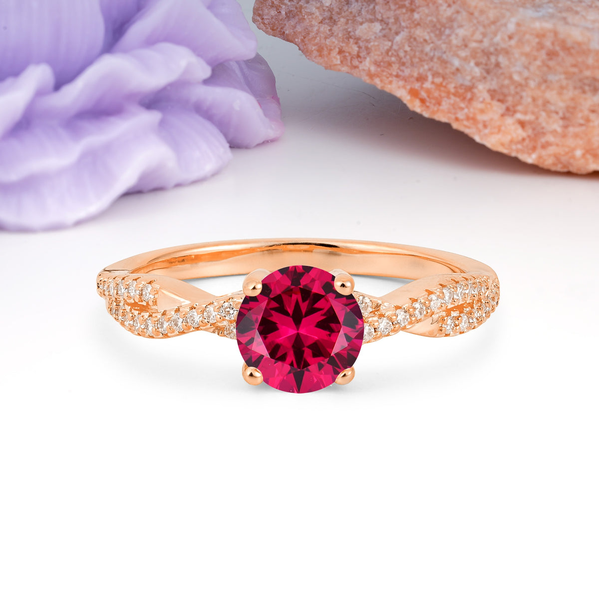 Luxurious Twisted Pavé Setting, 4-Prong Round Cut Ruby Engagement Ring - Additional view