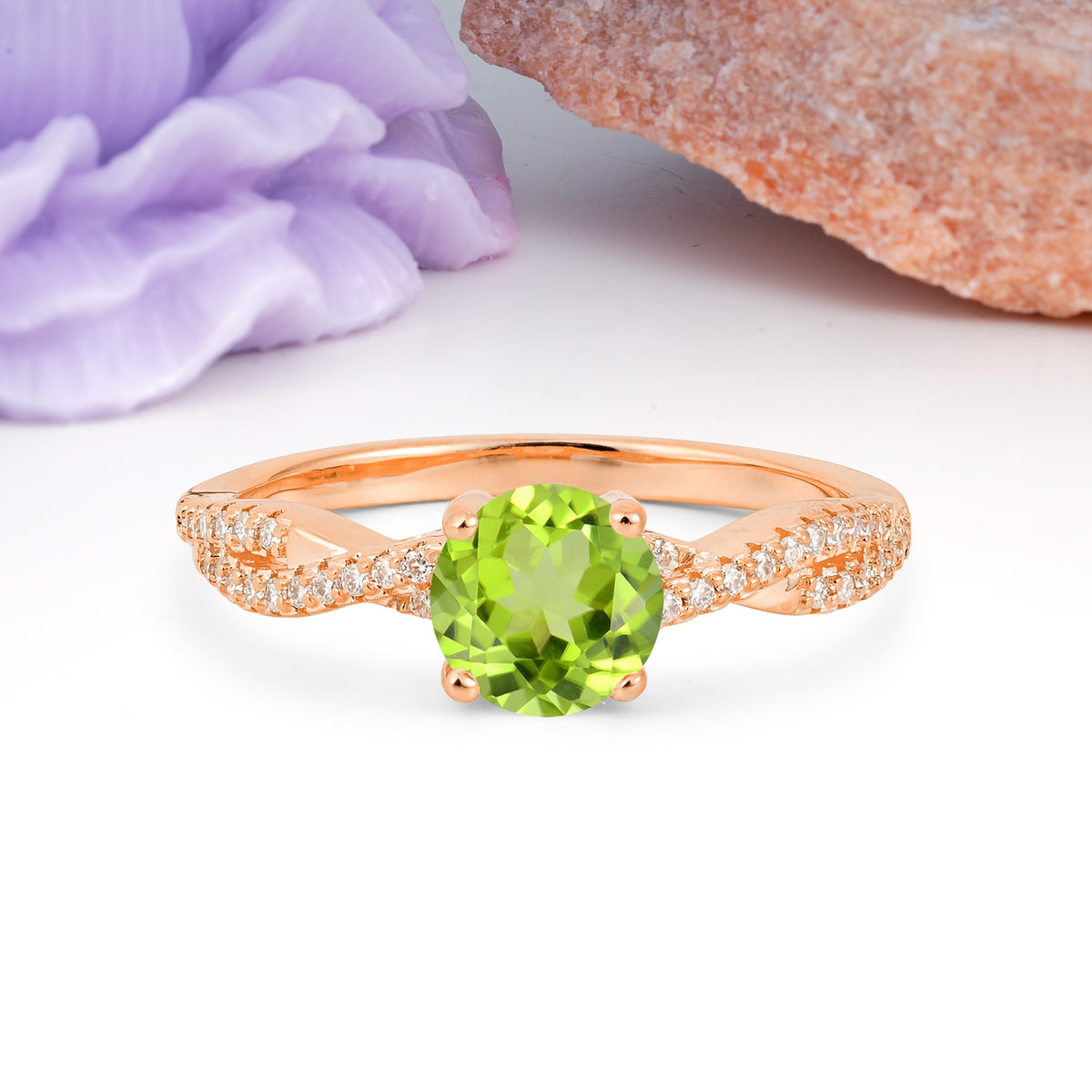 Luxurious Twisted Pavé Setting, 4-Prong Round Cut Peridot Engagement Ring - Additional view