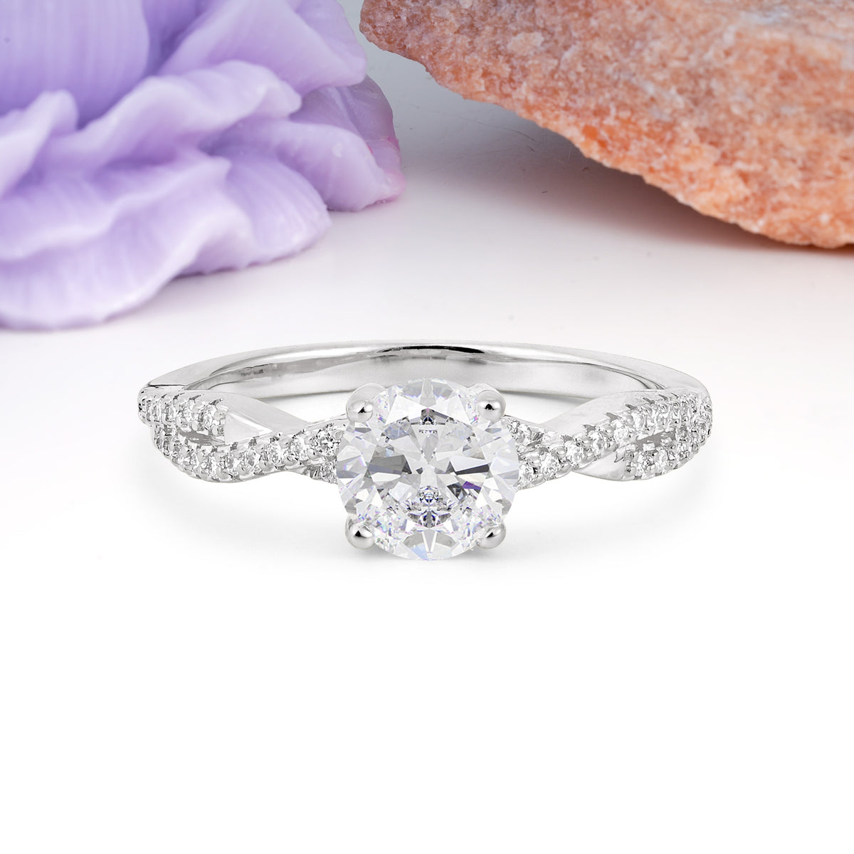 Luxurious Twisted Pavé Setting, 4-Prong Round Cut Moissanite Engagement Ring - Additional view