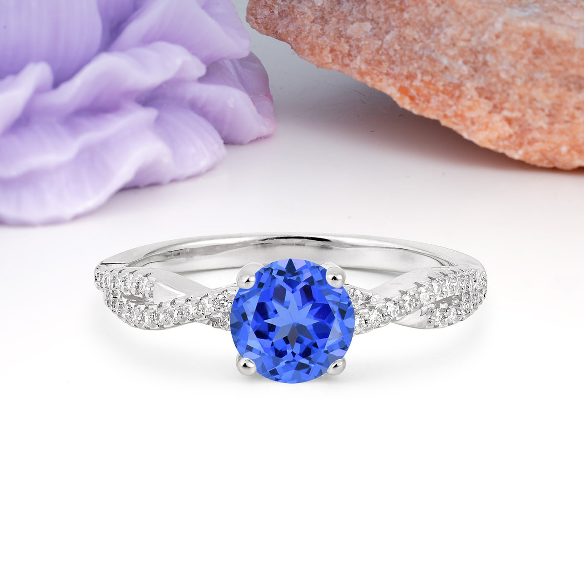 Luxurious Twisted Pavé Setting, 4-Prong Round Cut Sapphire Engagement Ring - Additional view