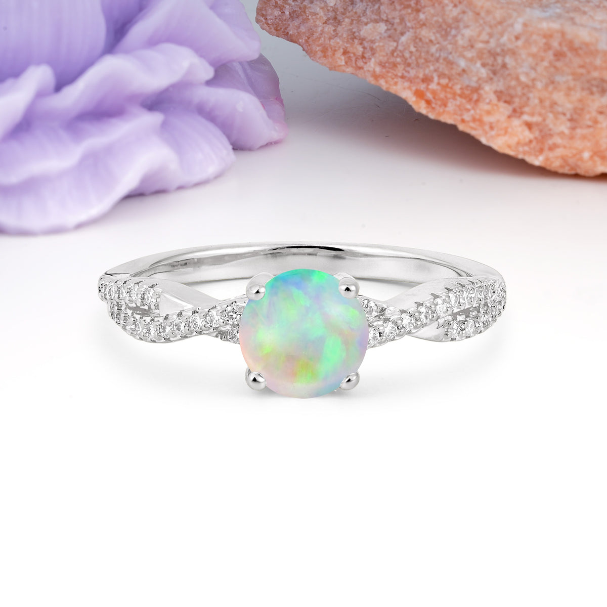 Luxurious Twisted Pavé Setting, 4-Prong Round Cut Fire Opal Engagement Ring - Additional view