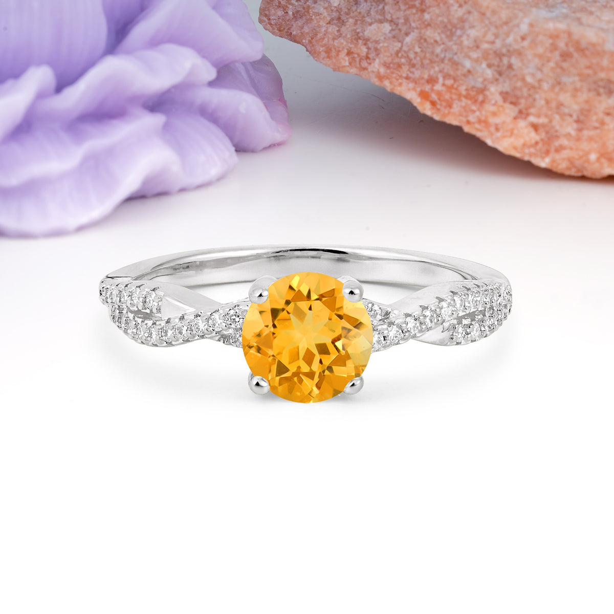 Luxurious Twisted Pavé Setting, 4-Prong Round Cut Citrine Engagement Ring - Additional view