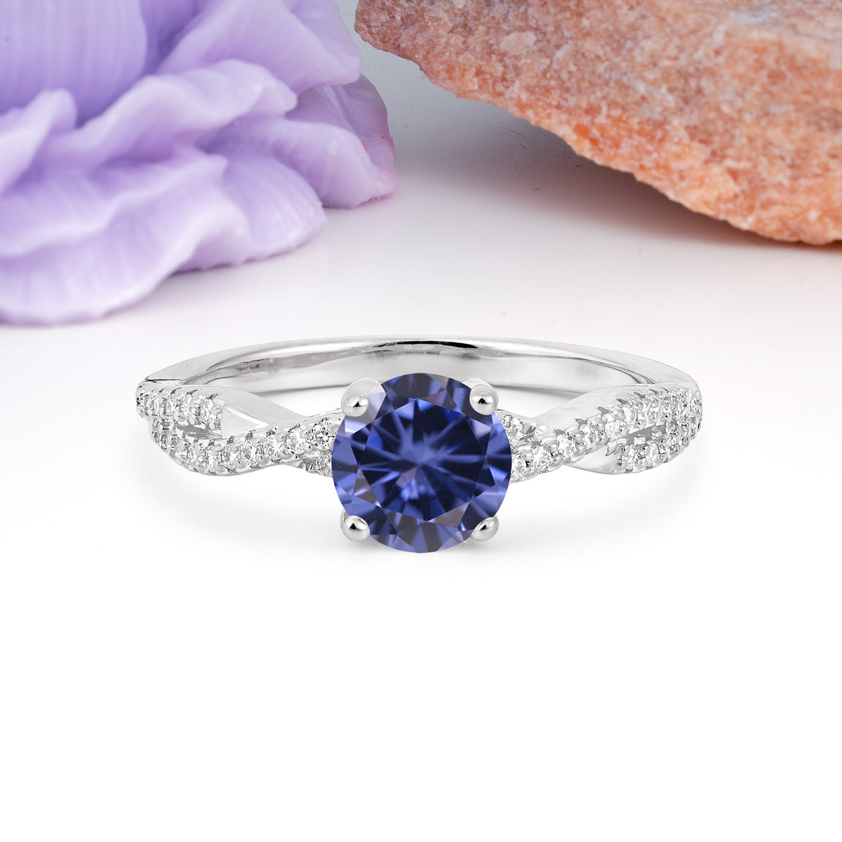 Luxurious Twisted Pavé Setting, 4-Prong Round Cut Tanzanite Engagement Ring - Additional view