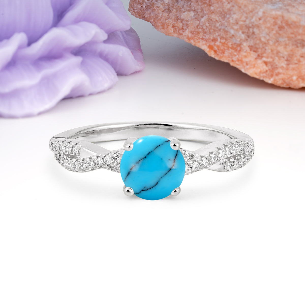 Luxurious Twisted Pavé Setting, 4-Prong Round Cut Turquoise Engagement Ring - Additional view