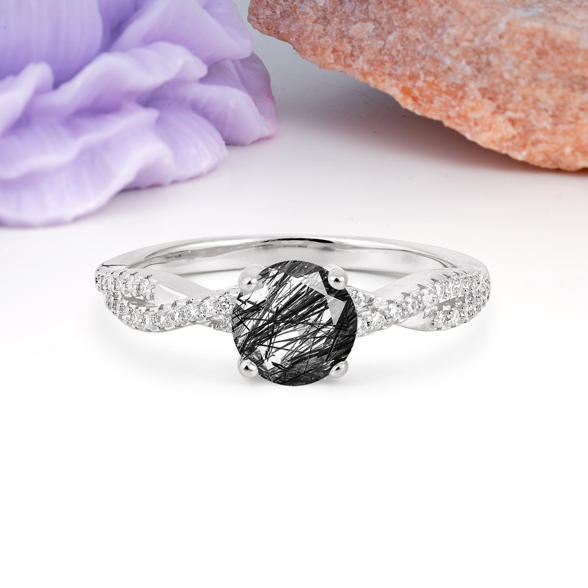 Luxurious Twisted Pavé Setting, 4-Prong Round Cut Black Rutilated Quartz Engagement Ring - Additional view