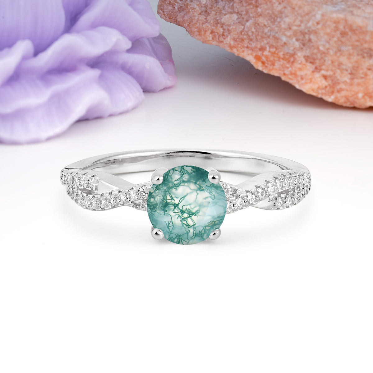 Luxurious Twisted Pavé Setting, 4-Prong Round Cut Moss Agate Engagement Ring - Additional view