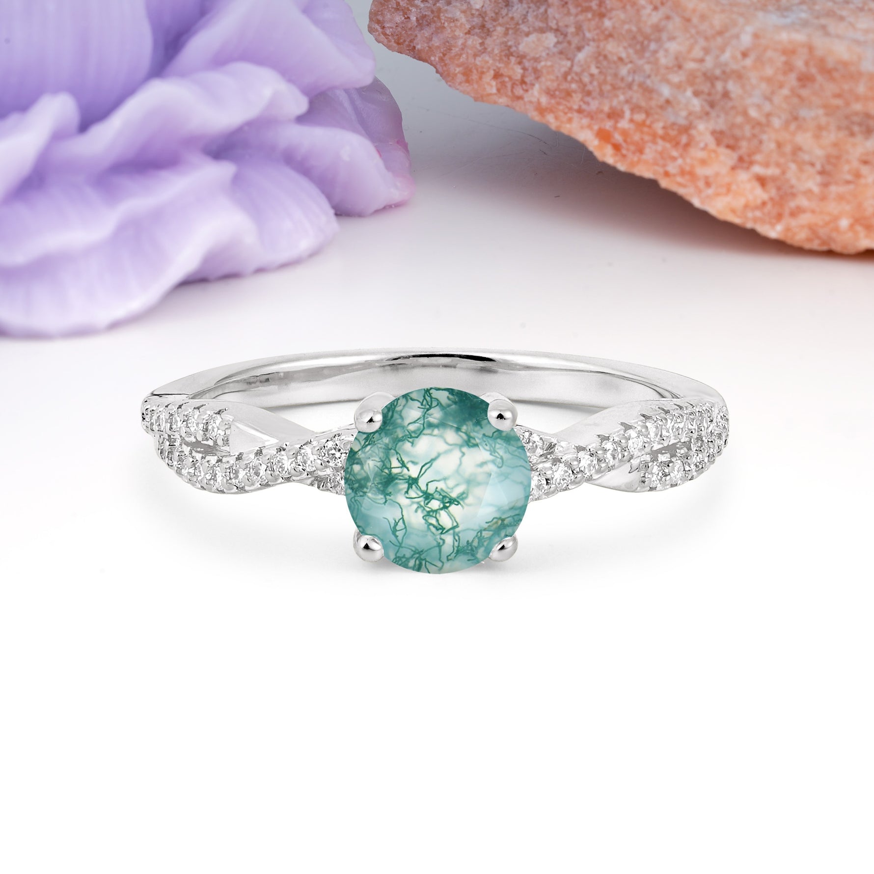 Luxurious Twisted Pavé Setting, 4-Prong Round Cut Moss Agate Engagement Ring - Additional view