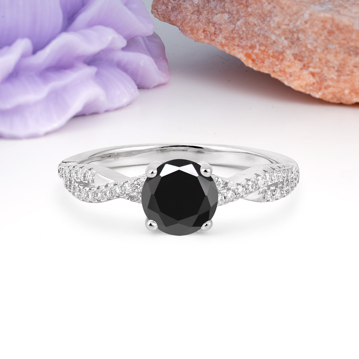 Luxurious Twisted Pavé Setting, 4-Prong Round Cut Black Onyx Engagement Ring - Additional view