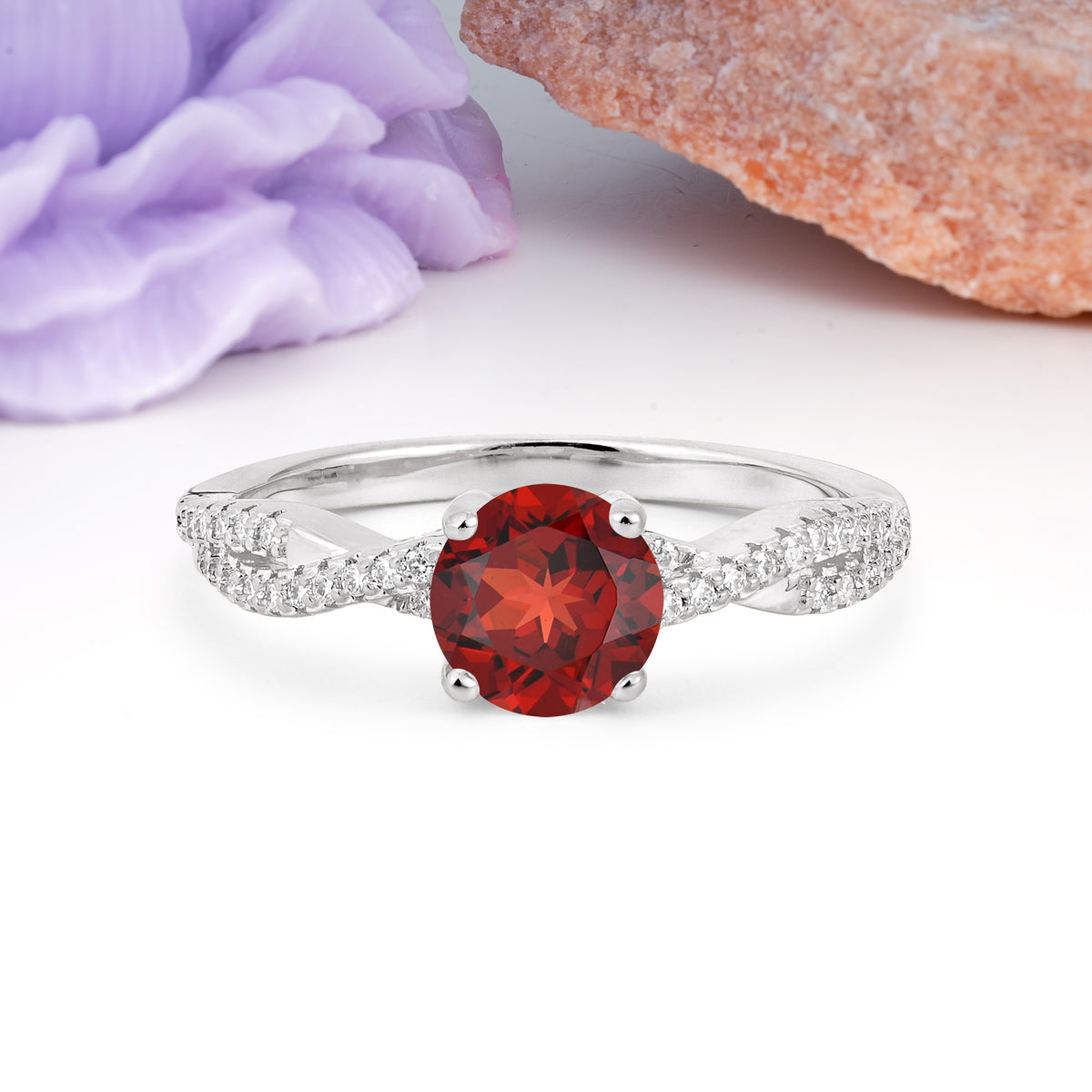Luxurious Twisted Pavé Setting, 4-Prong Round Cut Garnet Engagement Ring - Additional view