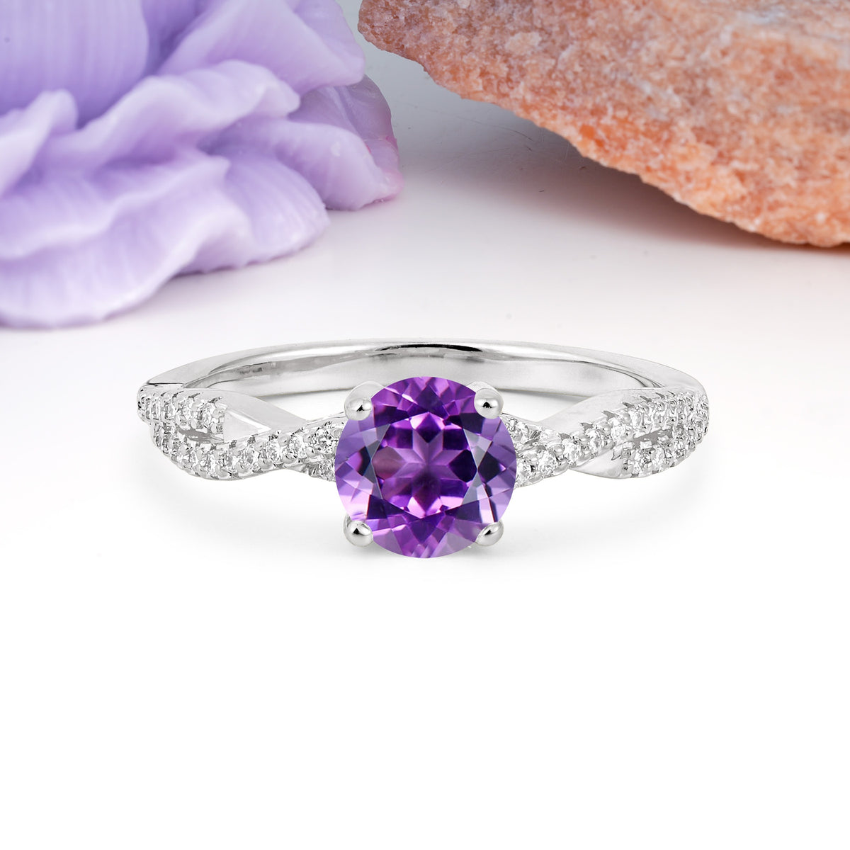 Luxurious Twisted Pavé Setting, 4-Prong Round Cut Amethyst Engagement Ring - Additional view