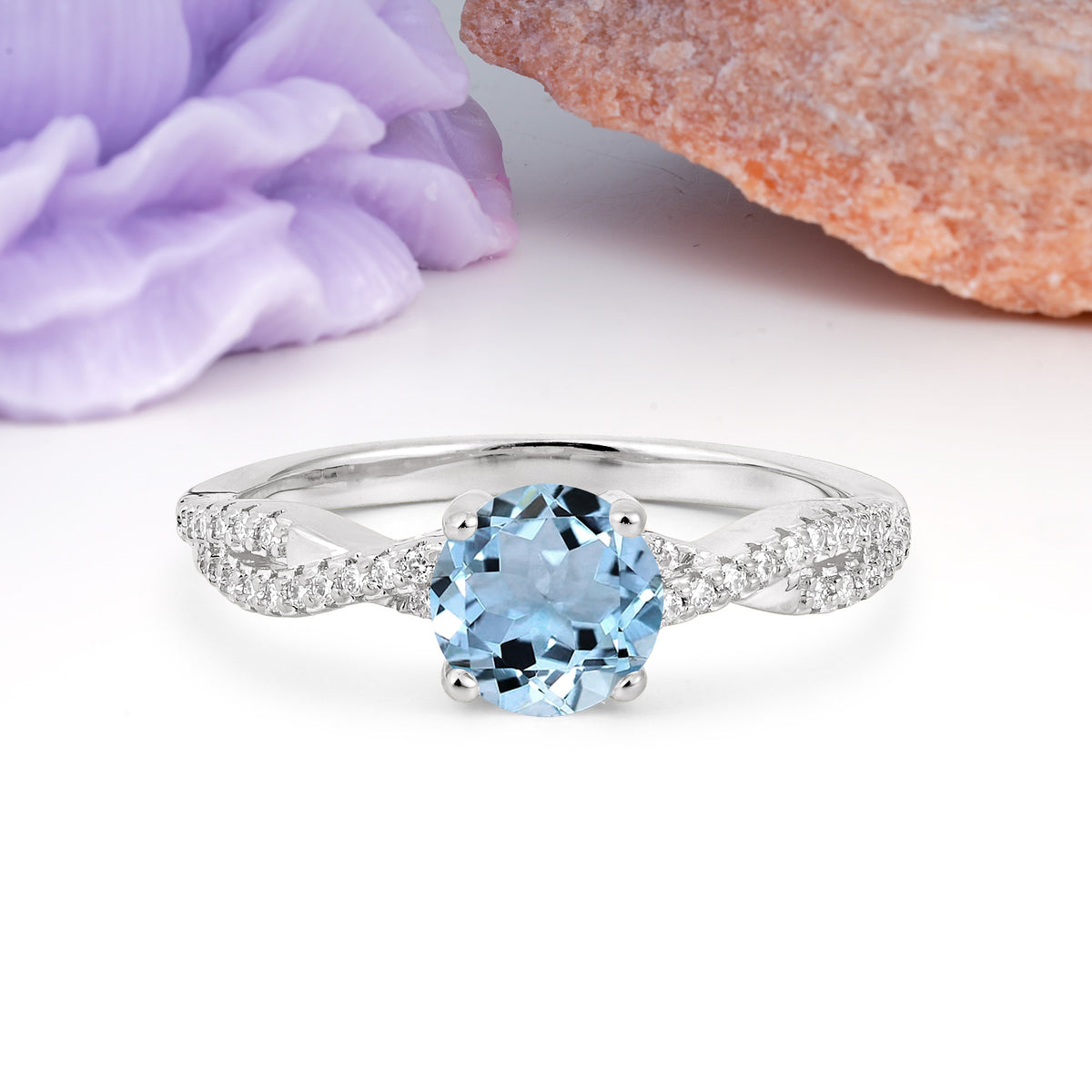 Luxurious Twisted Pavé Setting, 4-Prong Round Cut Aquamarine Engagement Ring - Additional view