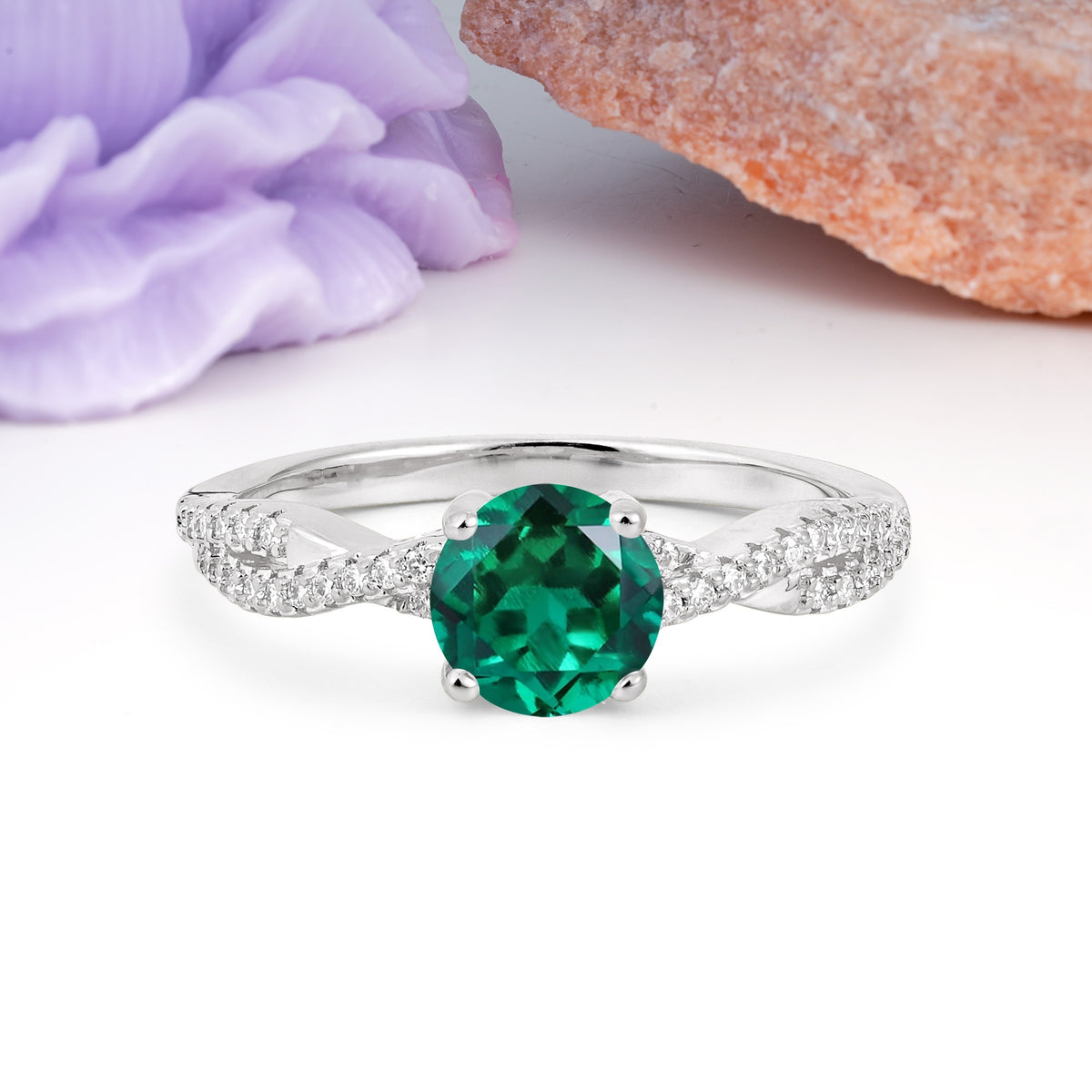 Luxurious Twisted Pavé Setting, 4-Prong Round Cut Emerald Engagement Ring - Additional view