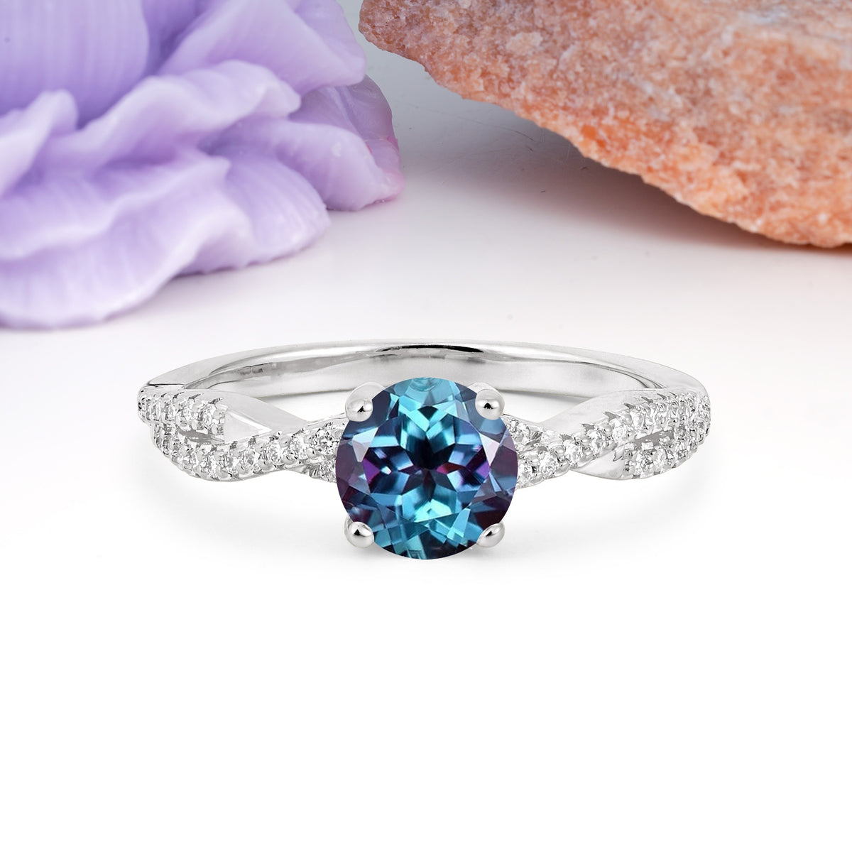 Luxurious Twisted Pavé Setting, 4-Prong Round Cut Alexandrite Engagement Ring - Additional view