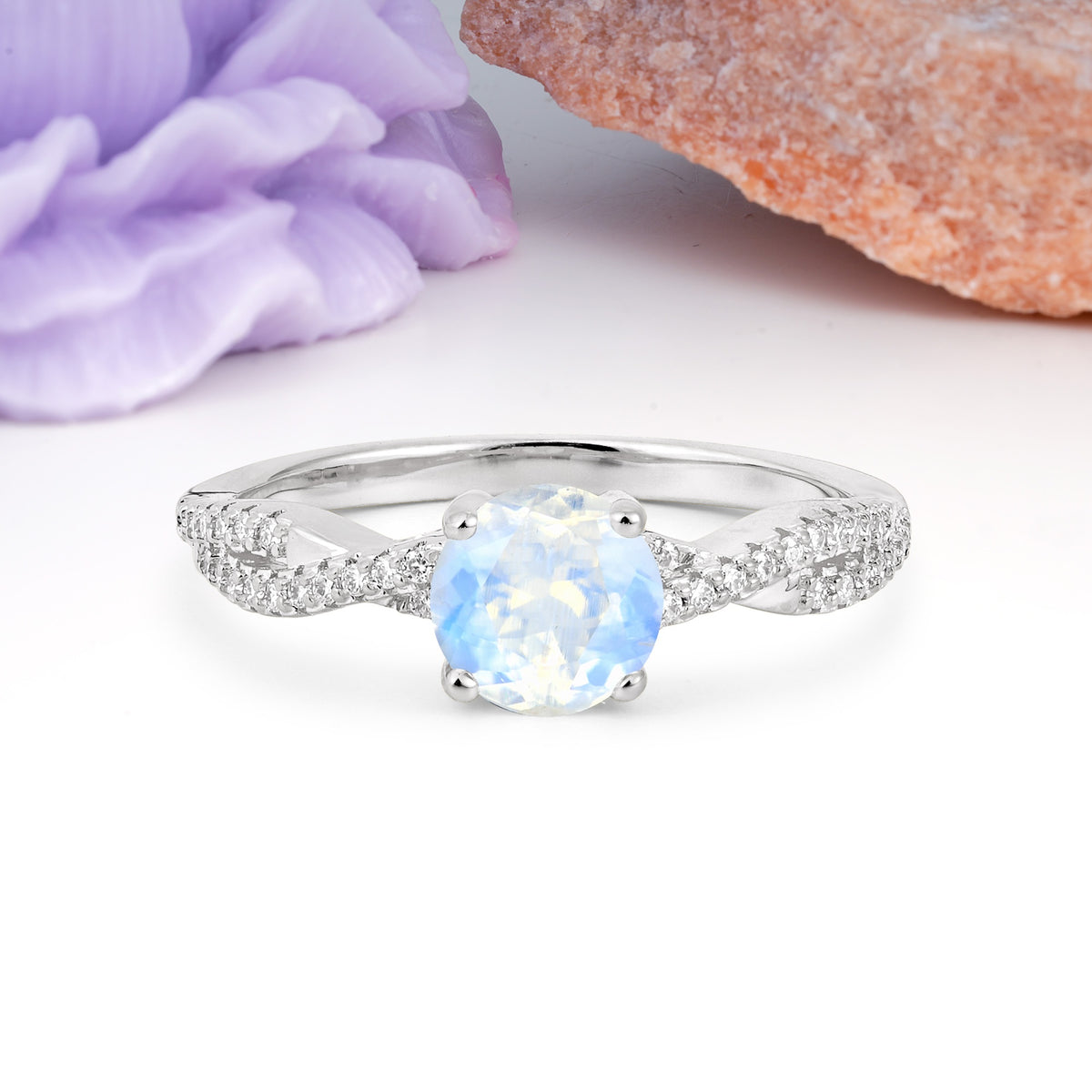 Luxurious Twisted Pavé Setting, 4-Prong Round Cut Moonstone Engagement Ring - Additional view