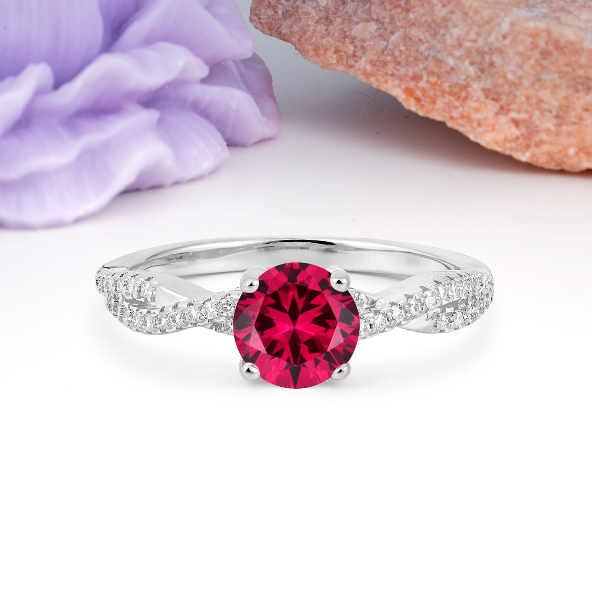 Luxurious Twisted Pavé Setting, 4-Prong Round Cut Ruby Engagement Ring - Additional view