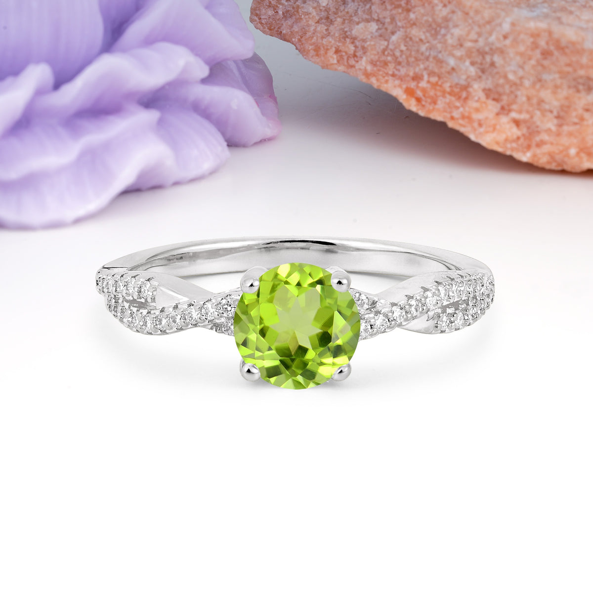 Luxurious Twisted Pavé Setting, 4-Prong Round Cut Peridot Engagement Ring - Additional view