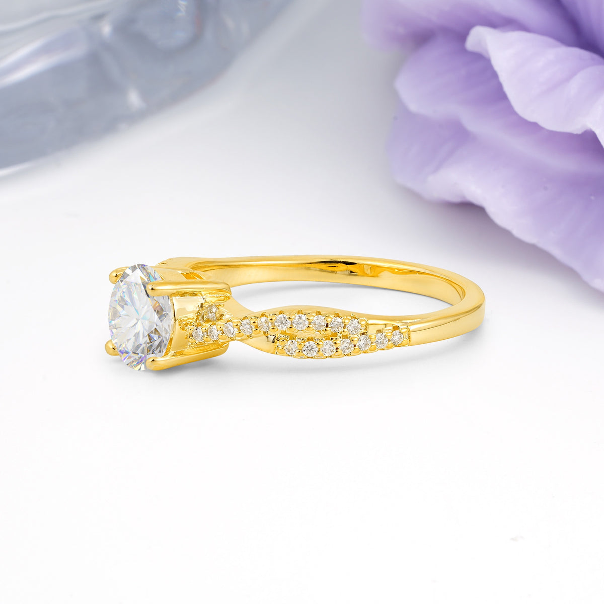 Luxurious Twisted Pavé Setting, 4-Prong Round Cut Moissanite Engagement Ring - Additional view