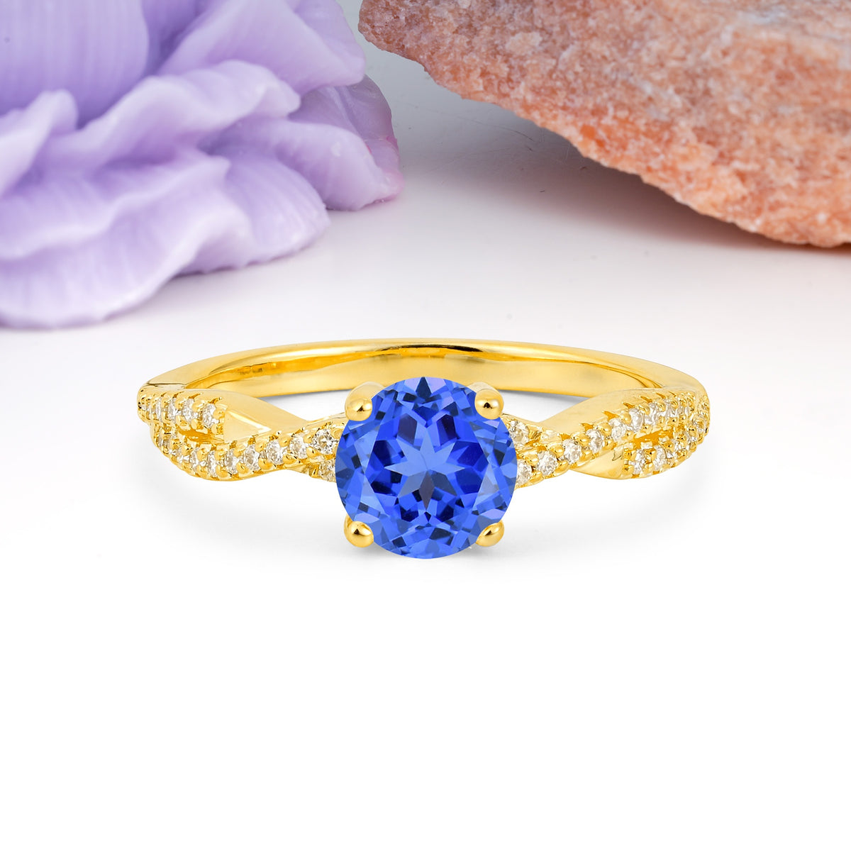 Luxurious Twisted Pavé Setting, 4-Prong Round Cut Sapphire Engagement Ring - Additional view