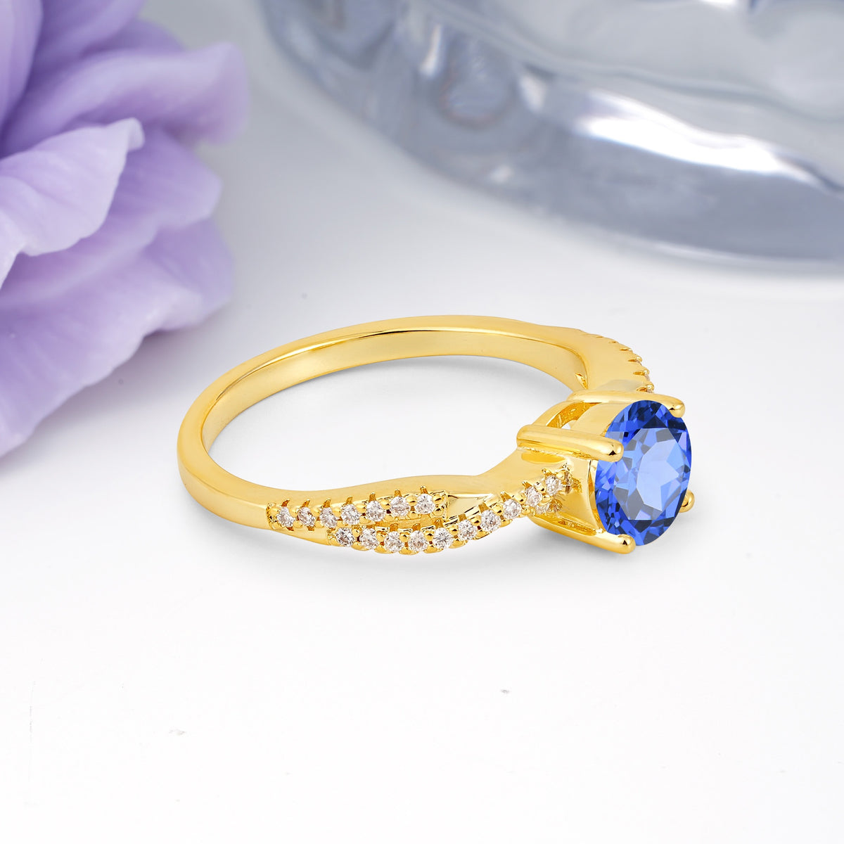 Luxurious Twisted Pavé Setting, 4-Prong Round Cut Sapphire Engagement Ring - Additional view