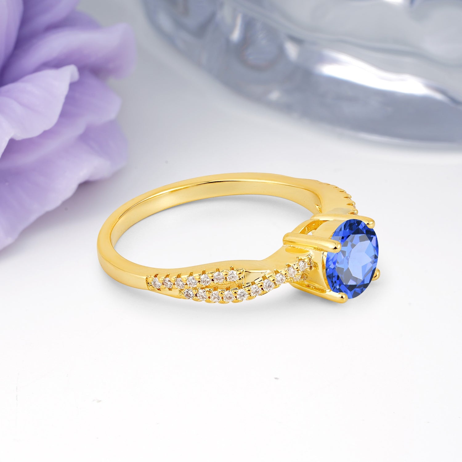 Luxurious Twisted Pavé Setting, 4-Prong Round Cut Sapphire Engagement Ring - Additional view