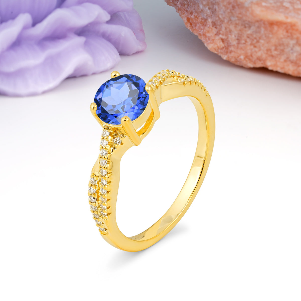 Luxurious Twisted Pavé Setting, 4-Prong Round Cut Sapphire Engagement Ring - Additional view