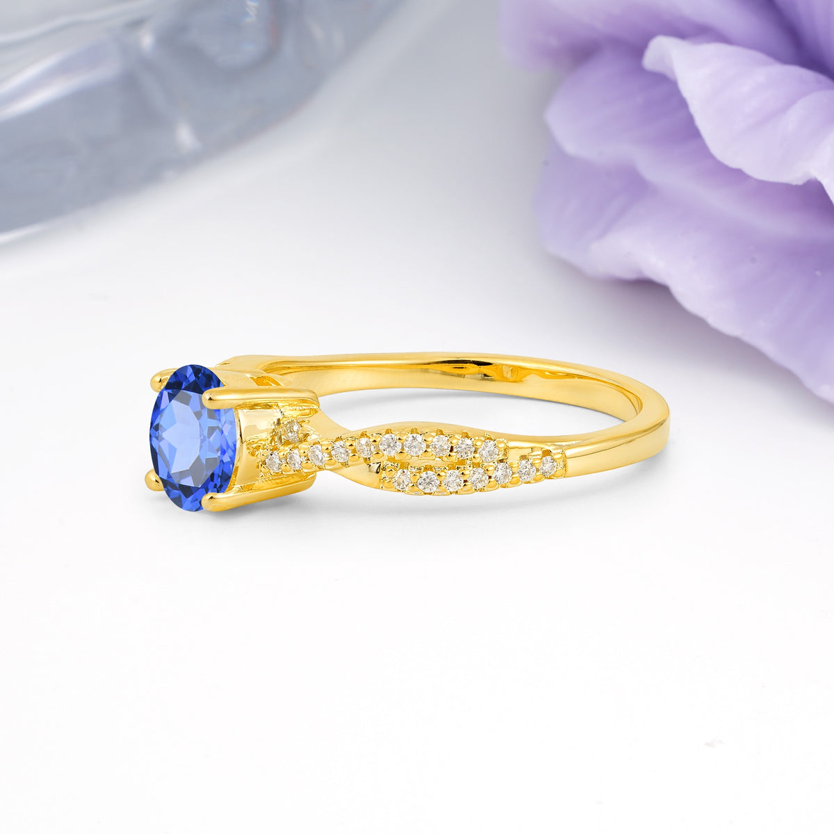 Luxurious Twisted Pavé Setting, 4-Prong Round Cut Sapphire Engagement Ring - Additional view
