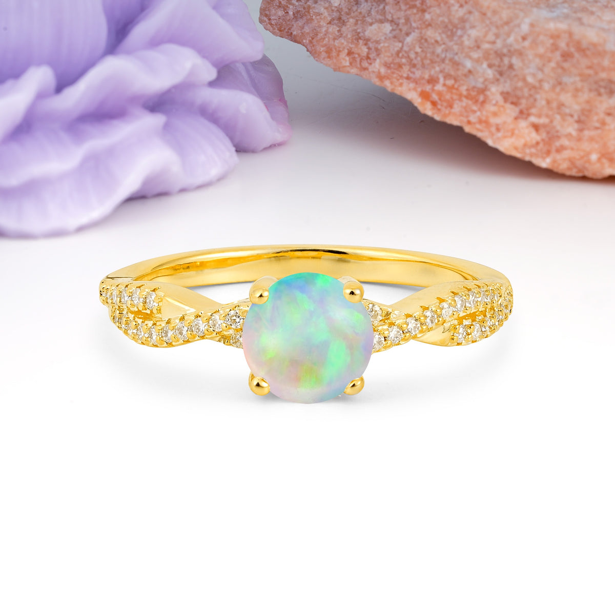 Luxurious Twisted Pavé Setting, 4-Prong Round Cut Fire Opal Engagement Ring - Additional view
