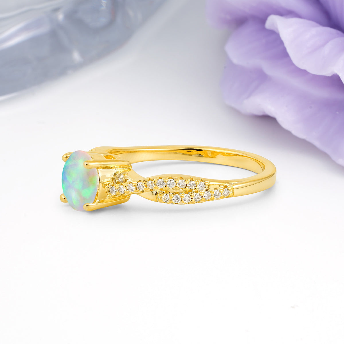 Luxurious Twisted Pavé Setting, 4-Prong Round Cut Fire Opal Engagement Ring - Additional view