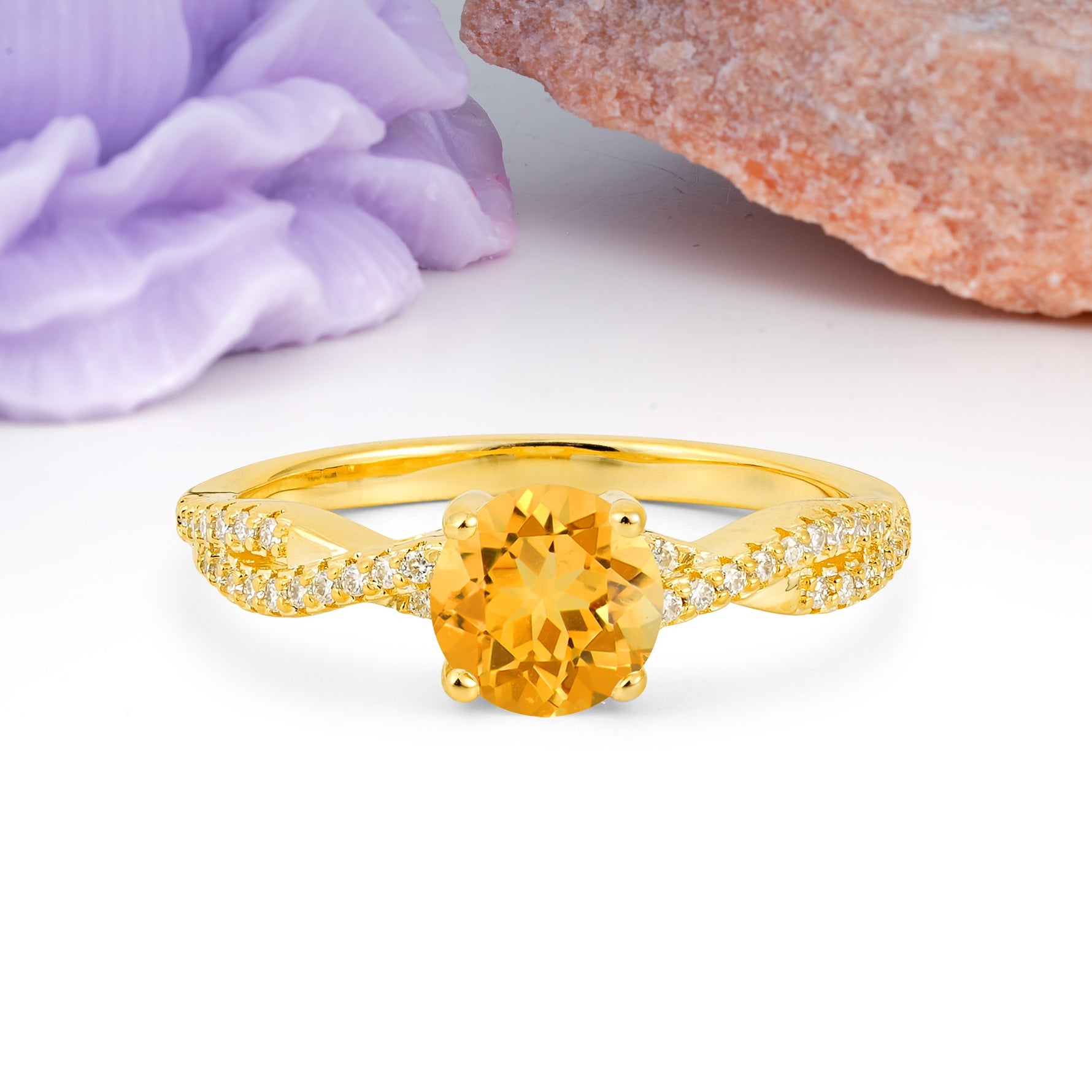 Luxurious Twisted Pavé Setting, 4-Prong Round Cut Citrine Engagement Ring - Additional view
