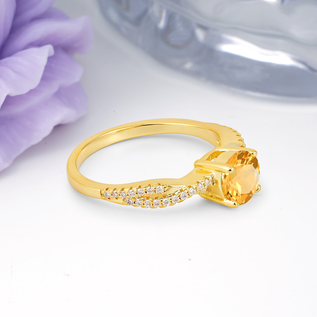 Luxurious Twisted Pavé Setting, 4-Prong Round Cut Citrine Engagement Ring - Additional view
