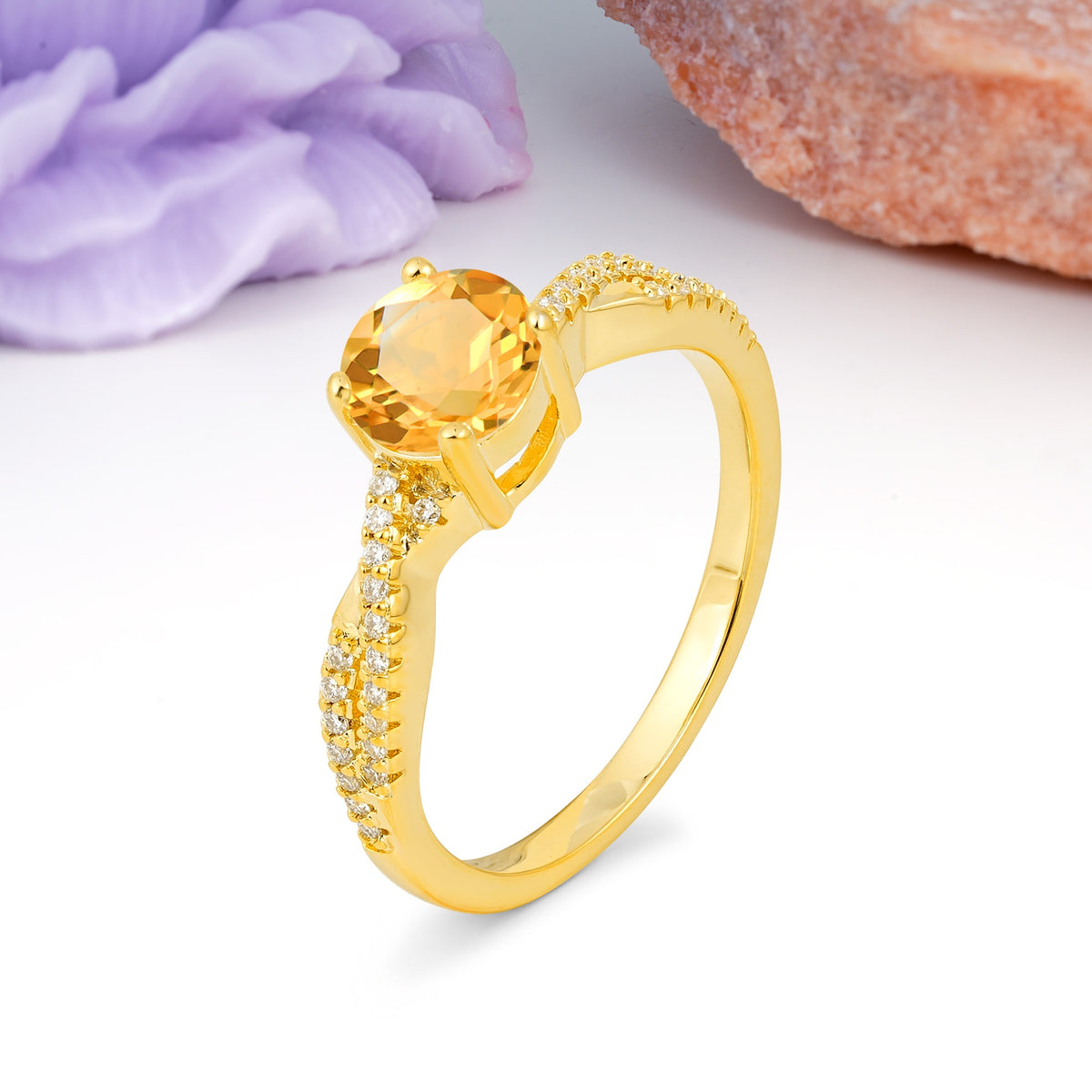 Luxurious Twisted Pavé Setting, 4-Prong Round Cut Citrine Engagement Ring - Additional view