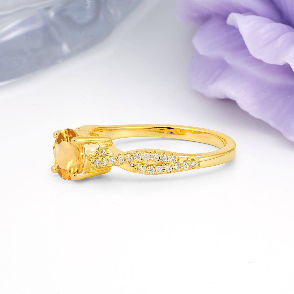Luxurious Twisted Pavé Setting, 4-Prong Round Cut Citrine Engagement Ring - Additional view