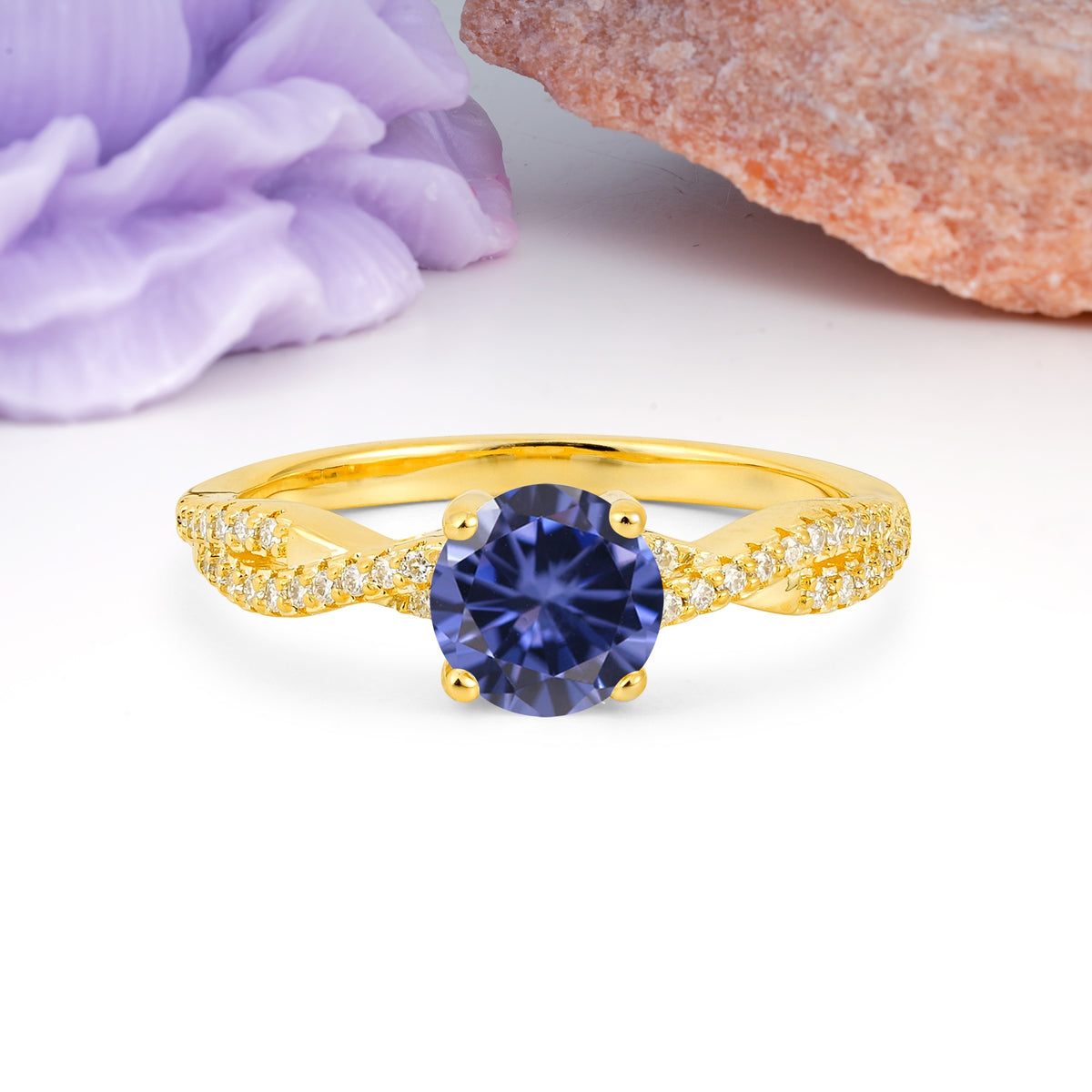 Luxurious Twisted Pavé Setting, 4-Prong Round Cut Tanzanite Engagement Ring - Additional view