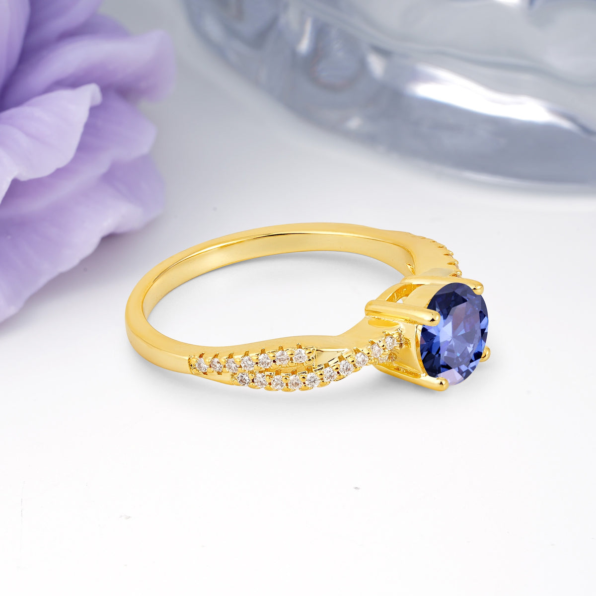 Luxurious Twisted Pavé Setting, 4-Prong Round Cut Tanzanite Engagement Ring - Additional view