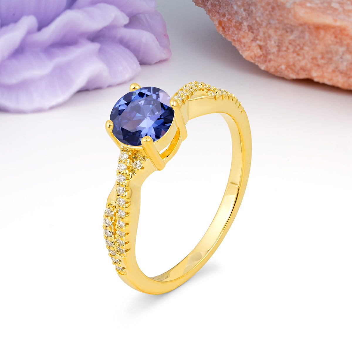 Luxurious Twisted Pavé Setting, 4-Prong Round Cut Tanzanite Engagement Ring - Additional view