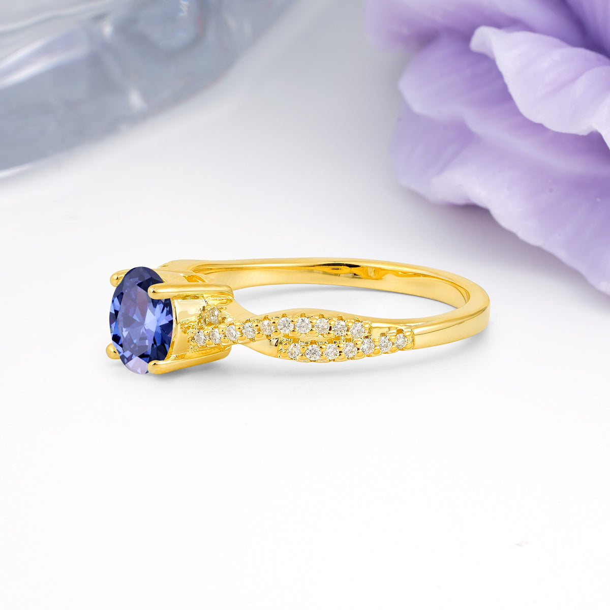 Luxurious Twisted Pavé Setting, 4-Prong Round Cut Tanzanite Engagement Ring - Additional view
