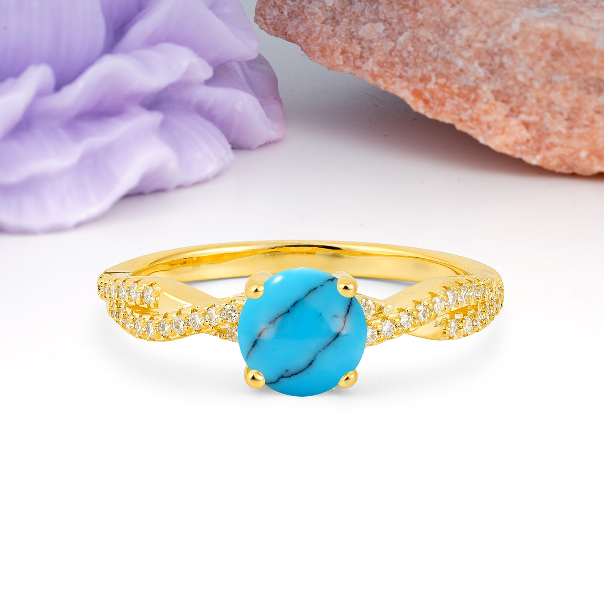 Luxurious Twisted Pavé Setting, 4-Prong Round Cut Turquoise Engagement Ring - Additional view