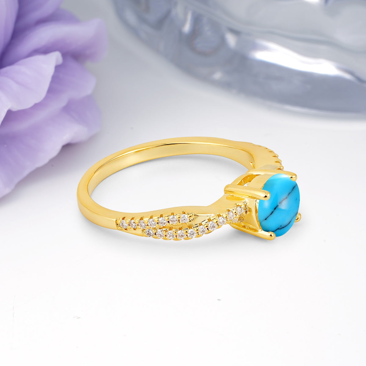 Luxurious Twisted Pavé Setting, 4-Prong Round Cut Turquoise Engagement Ring - Additional view