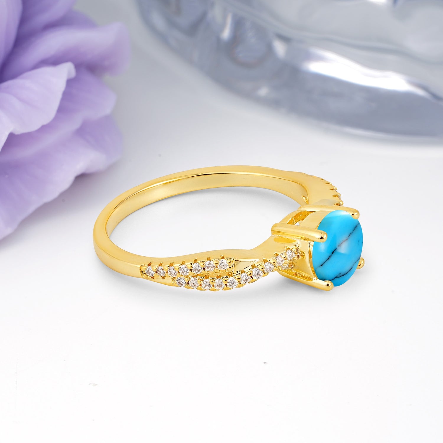 Luxurious Twisted Pavé Setting, 4-Prong Round Cut Turquoise Engagement Ring - Additional view