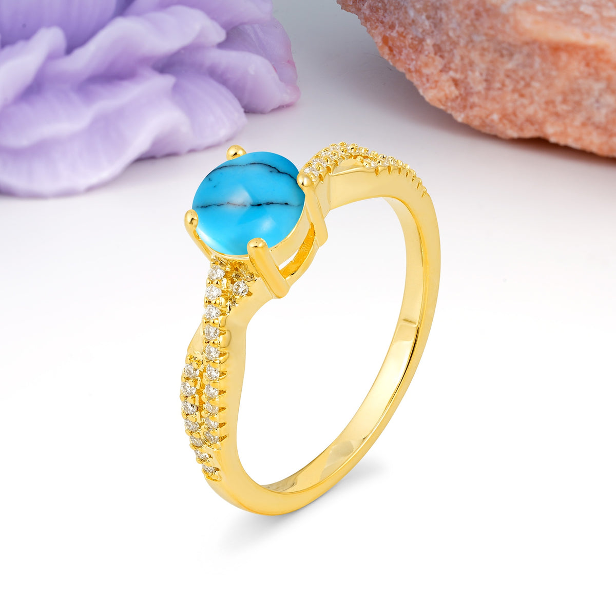 Luxurious Twisted Pavé Setting, 4-Prong Round Cut Turquoise Engagement Ring - Additional view