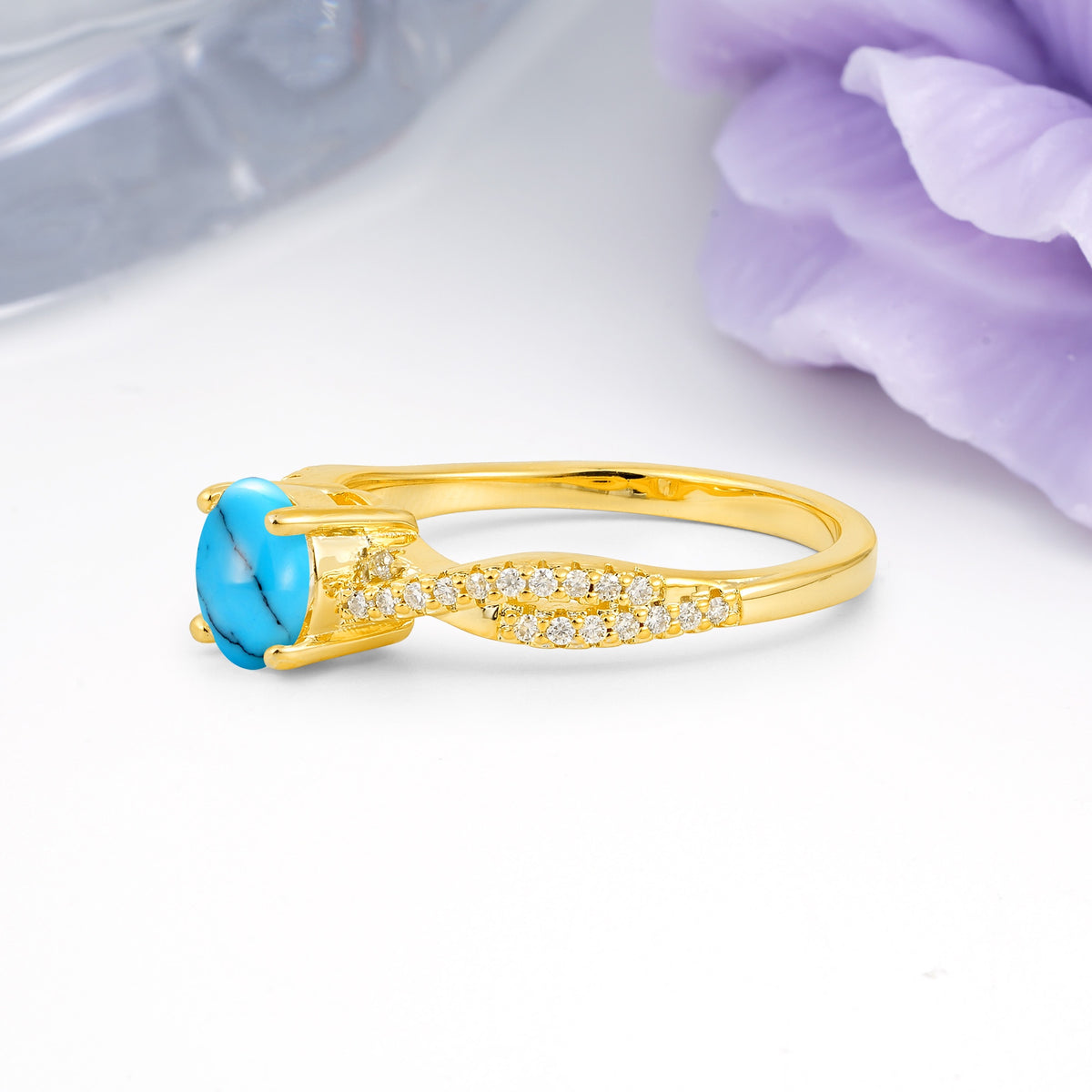Luxurious Twisted Pavé Setting, 4-Prong Round Cut Turquoise Engagement Ring - Additional view